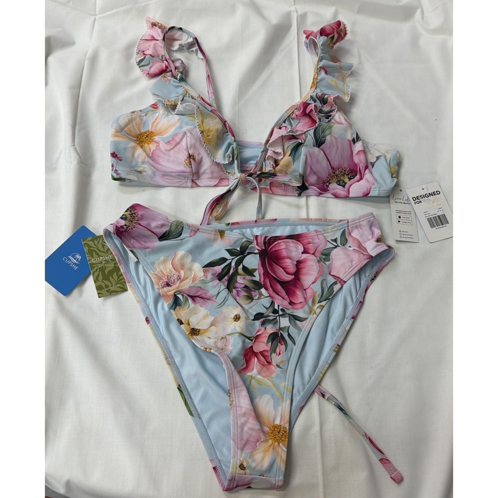 Cupshe x JoJo Vntg Rose Ruffled Bikini Top & Cheeky Bottoms Set Top XL Btm L NWT
